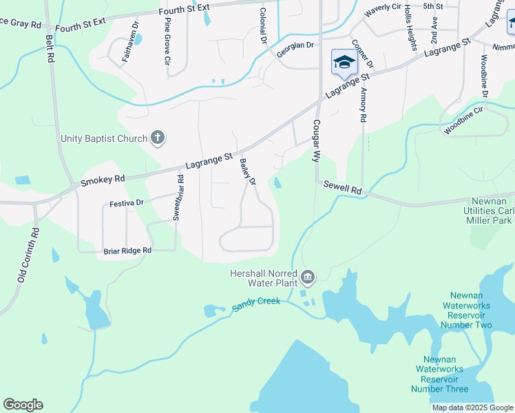 map of restaurants, bars, coffee shops, grocery stores, and more near 8 Bailey Drive in Newnan