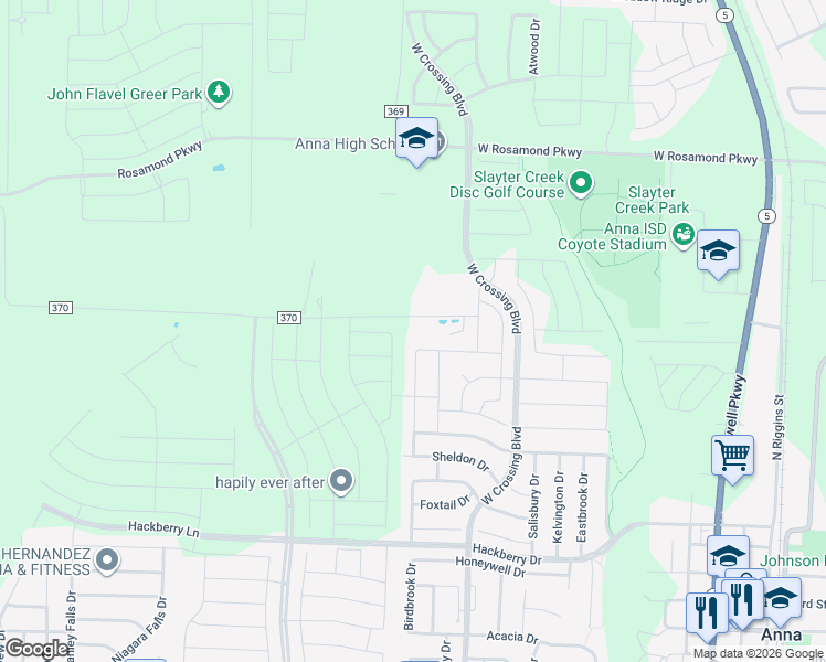 map of restaurants, bars, coffee shops, grocery stores, and more near 1332 East County Road 370 in Anna