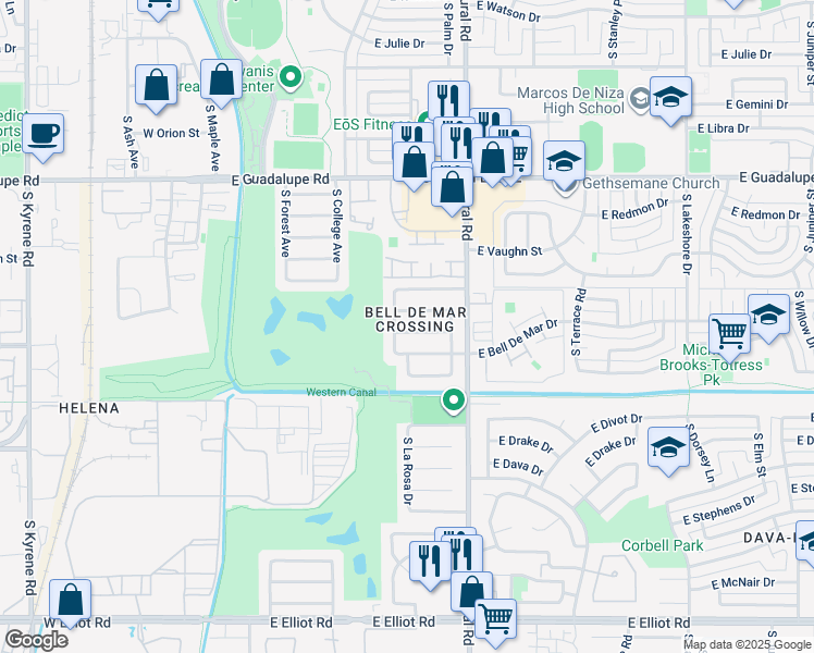 map of restaurants, bars, coffee shops, grocery stores, and more near 6726 South La Rosa Drive in Tempe