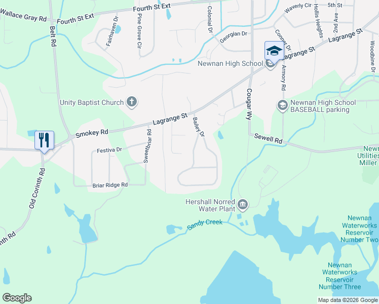 map of restaurants, bars, coffee shops, grocery stores, and more near 89 Bailey Drive in Newnan