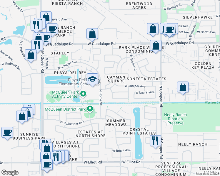 map of restaurants, bars, coffee shops, grocery stores, and more near 499 N Cambridge St in Gilbert