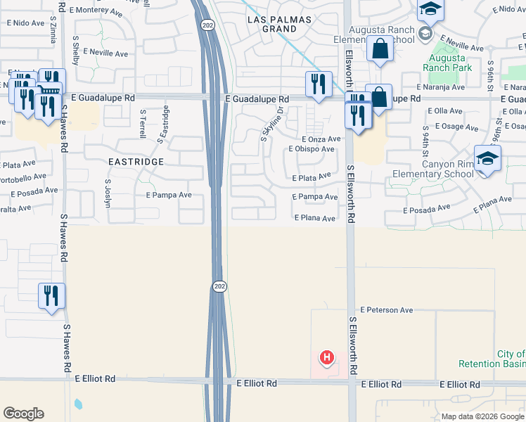 map of restaurants, bars, coffee shops, grocery stores, and more near 8937 East Posada Avenue in Mesa