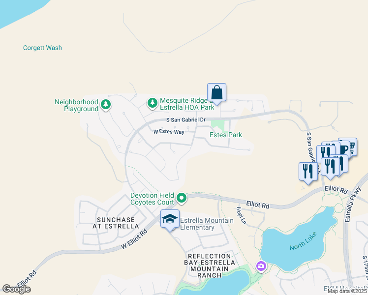 map of restaurants, bars, coffee shops, grocery stores, and more near 9712 South 182nd Drive in Goodyear