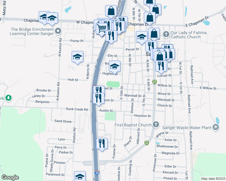 map of restaurants, bars, coffee shops, grocery stores, and more near 1004 Wood Street in Sanger
