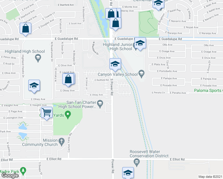 map of restaurants, bars, coffee shops, grocery stores, and more near 2990 South Power Road in Mesa