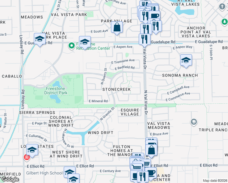 map of restaurants, bars, coffee shops, grocery stores, and more near 419 North Rock Street in Gilbert