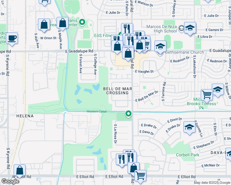 map of restaurants, bars, coffee shops, grocery stores, and more near 6726 South La Rosa Drive in Tempe