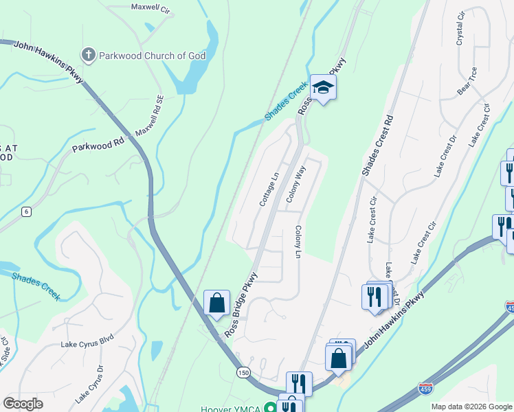 map of restaurants, bars, coffee shops, grocery stores, and more near 5382 Cottage Lane in Birmingham