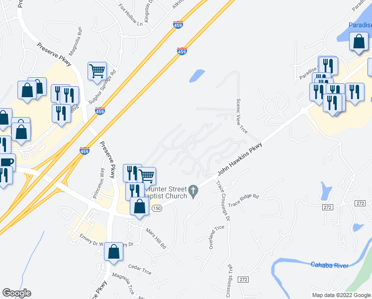 map of restaurants, bars, coffee shops, grocery stores, and more near 761 Tree Crossings Parkway in Hoover