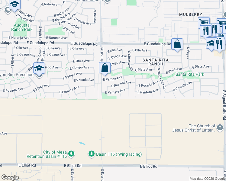 map of restaurants, bars, coffee shops, grocery stores, and more near 10065 East Pantera Avenue in Mesa