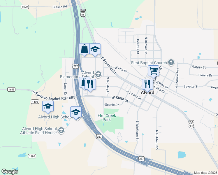 map of restaurants, bars, coffee shops, grocery stores, and more near 206 South Mosley Lane in Alvord