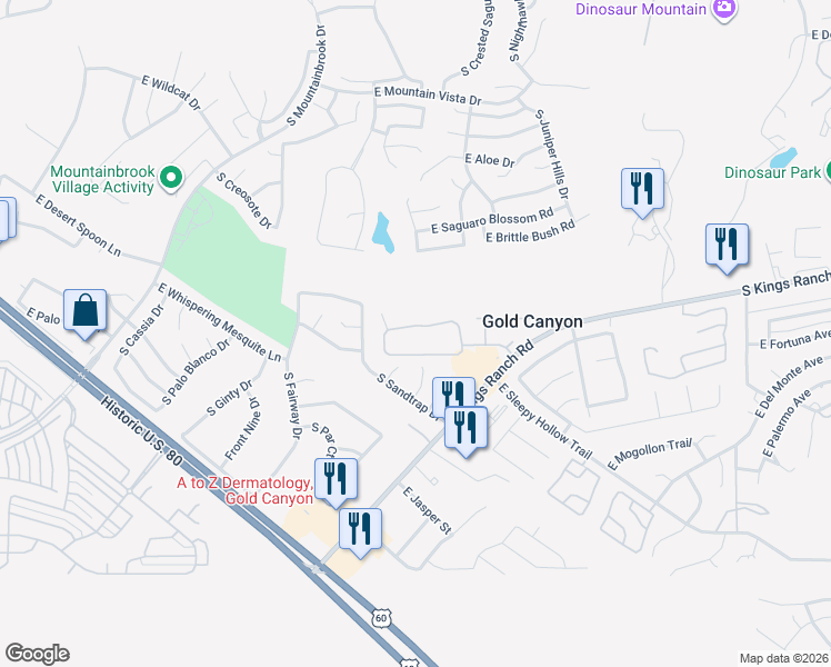 map of restaurants, bars, coffee shops, grocery stores, and more near 8487 East Canyon Estates Circle in Gold Canyon