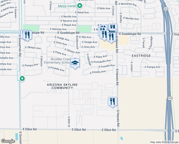 map of restaurants, bars, coffee shops, grocery stores, and more near 8125 East Peralta Avenue in Mesa