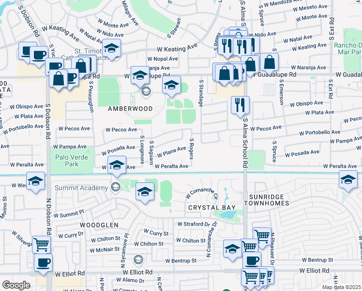 map of restaurants, bars, coffee shops, grocery stores, and more near 1511 West Plana Avenue in Mesa