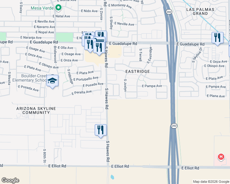 map of restaurants, bars, coffee shops, grocery stores, and more near 8421 East Peralta Avenue in Mesa