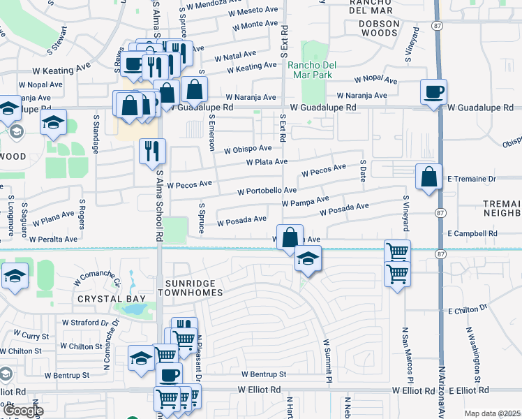 map of restaurants, bars, coffee shops, grocery stores, and more near 861 West Posada Avenue in Mesa