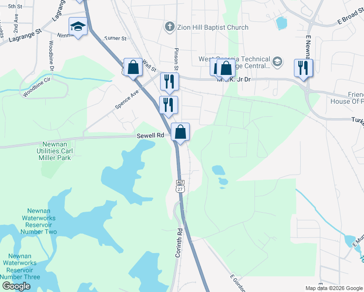 map of restaurants, bars, coffee shops, grocery stores, and more near 250 Greenville Street South in Newnan