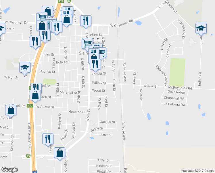 map of restaurants, bars, coffee shops, grocery stores, and more near 208 South 2nd Street in Sanger