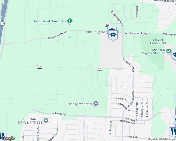 map of restaurants, bars, coffee shops, grocery stores, and more near 1-919 East Co Road 370 in Anna