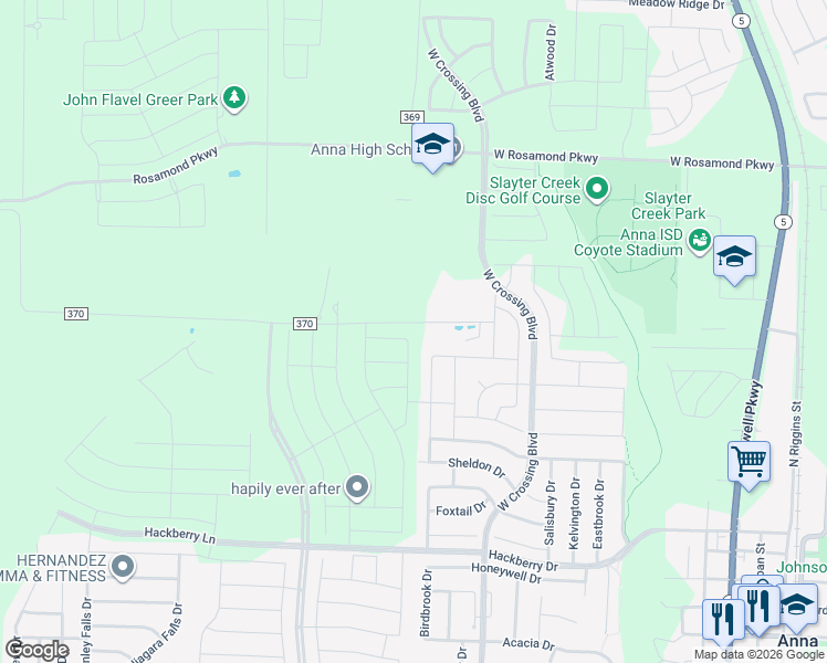 map of restaurants, bars, coffee shops, grocery stores, and more near 1-919 East Co Road 370 in Anna