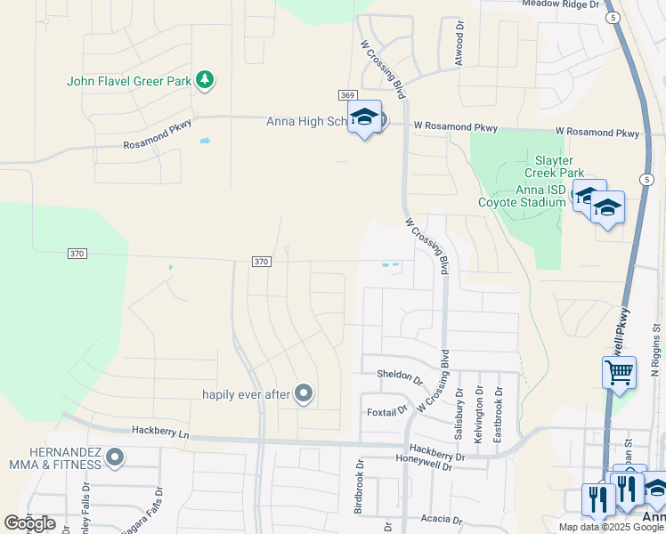 map of restaurants, bars, coffee shops, grocery stores, and more near 1-919 East Co Road 370 in Anna