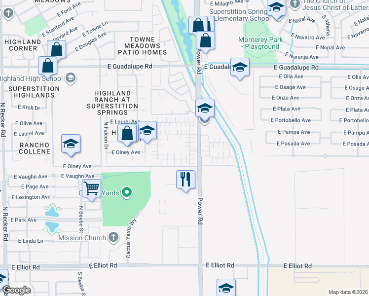 map of restaurants, bars, coffee shops, grocery stores, and more near 4750 East Olney Avenue in Gilbert