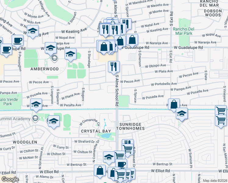 map of restaurants, bars, coffee shops, grocery stores, and more near 3030 South Alma School Road in Mesa