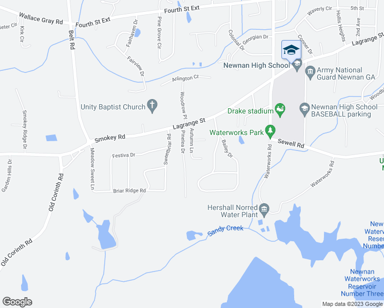 map of restaurants, bars, coffee shops, grocery stores, and more near 76 Autumn Lane in Newnan