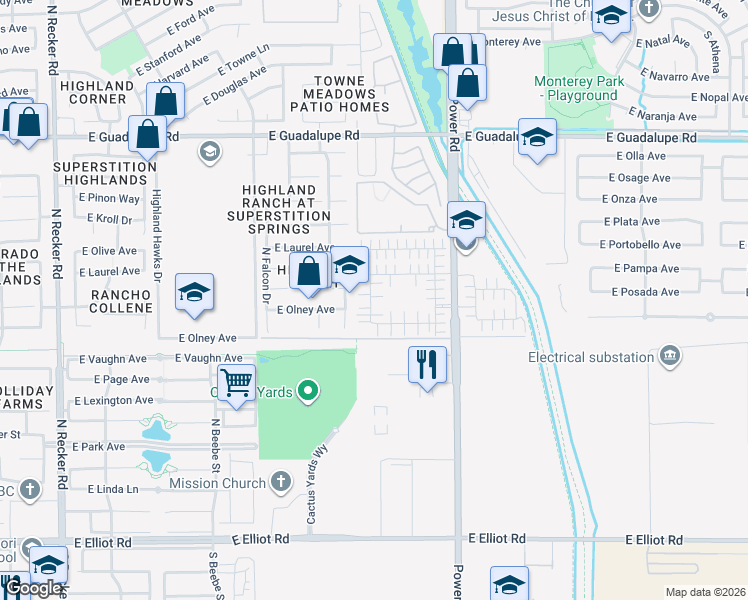 map of restaurants, bars, coffee shops, grocery stores, and more near 440 North Citrus Lane in Gilbert