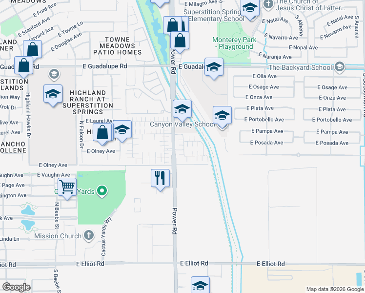 map of restaurants, bars, coffee shops, grocery stores, and more near 3140 South Sunrise in Mesa