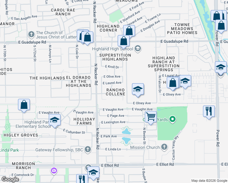 map of restaurants, bars, coffee shops, grocery stores, and more near 4115 Campbell Avenue in Gilbert