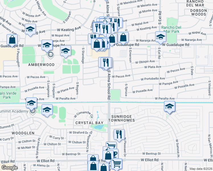 map of restaurants, bars, coffee shops, grocery stores, and more near 3030 South Alma School Road in Mesa