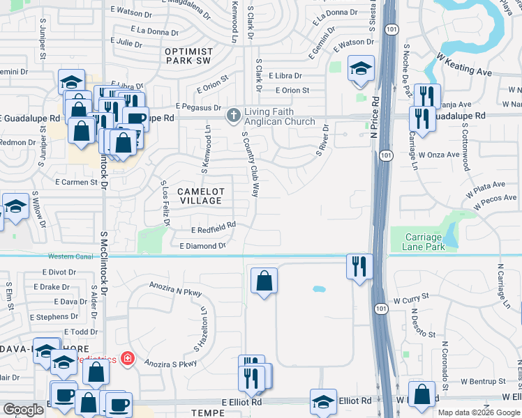 map of restaurants, bars, coffee shops, grocery stores, and more near 2010 East Bendix Drive in Tempe