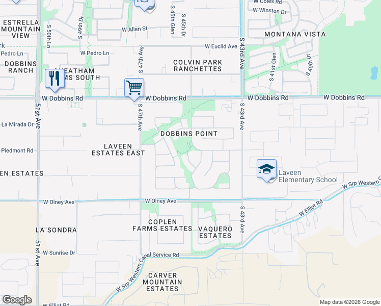 map of restaurants, bars, coffee shops, grocery stores, and more near 9718 South 45th Avenue in Phoenix
