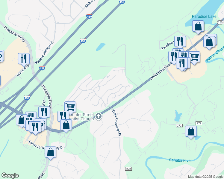 map of restaurants, bars, coffee shops, grocery stores, and more near 708 Tree Crossing Parkway in Hoover
