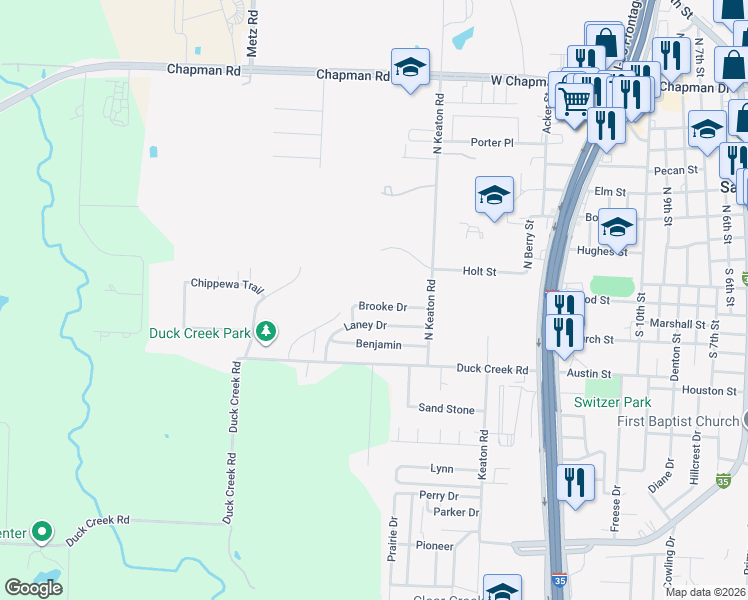 map of restaurants, bars, coffee shops, grocery stores, and more near 2019 Laney Drive in Sanger