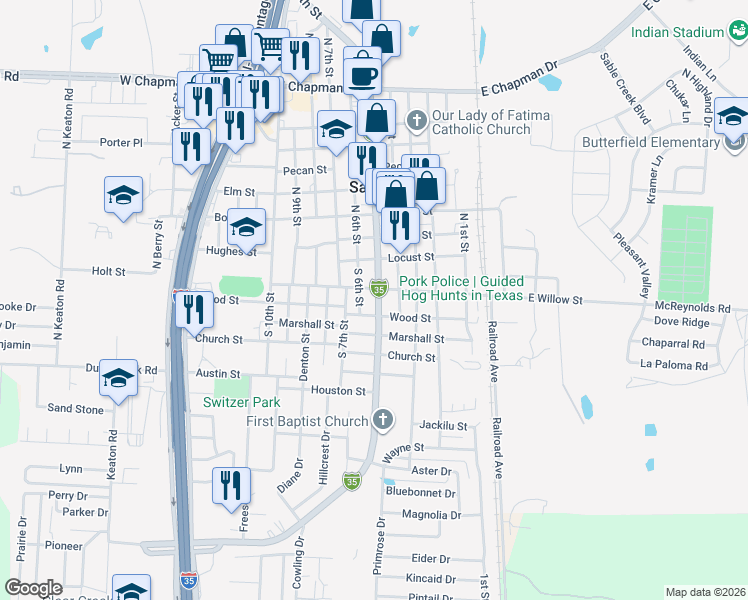 map of restaurants, bars, coffee shops, grocery stores, and more near 209 South 5th Street in Sanger