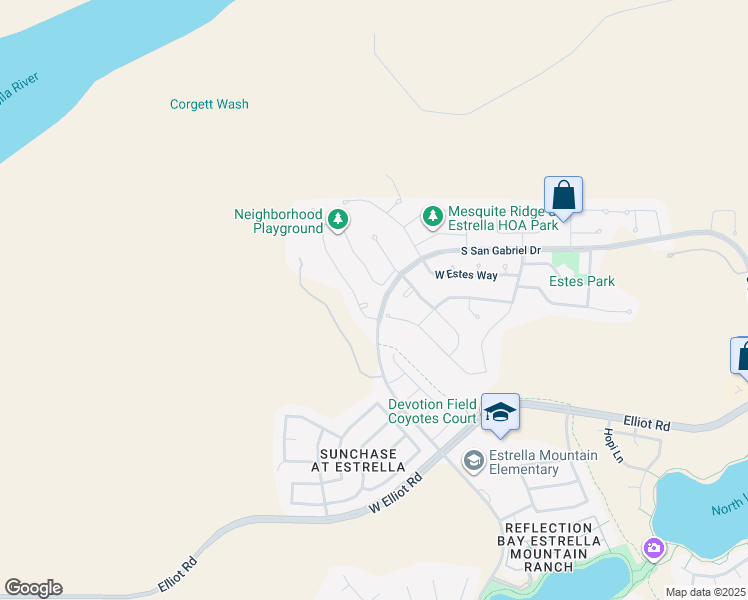 map of restaurants, bars, coffee shops, grocery stores, and more near 9501-9599 South San Gabriel Drive in Goodyear