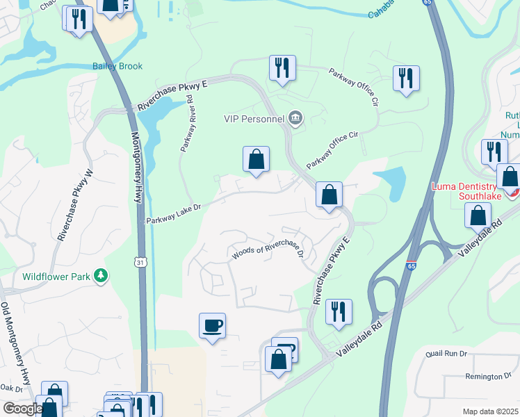 map of restaurants, bars, coffee shops, grocery stores, and more near 2188 Parkway Lake Drive in Birmingham