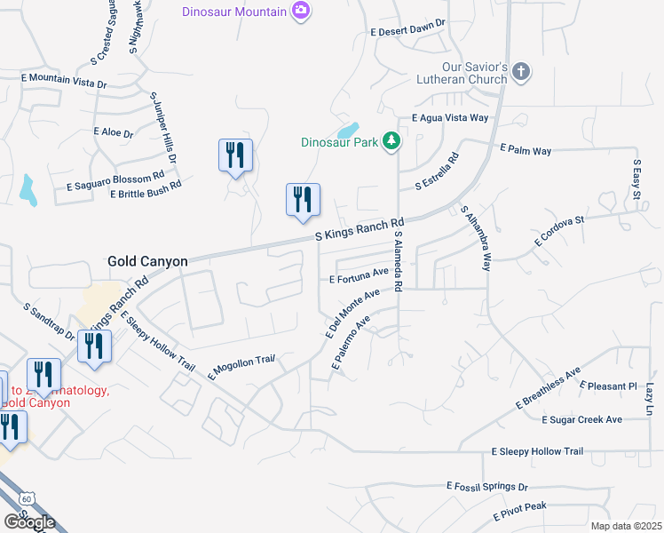 map of restaurants, bars, coffee shops, grocery stores, and more near 9745 East Fortuna Avenue in Gold Canyon