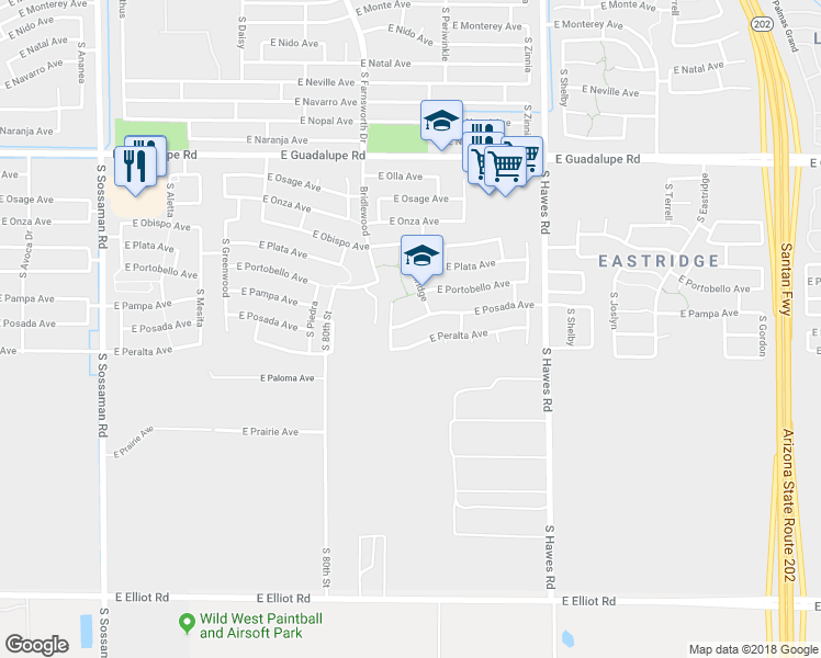 map of restaurants, bars, coffee shops, grocery stores, and more near 8121 East Posada Avenue in Mesa