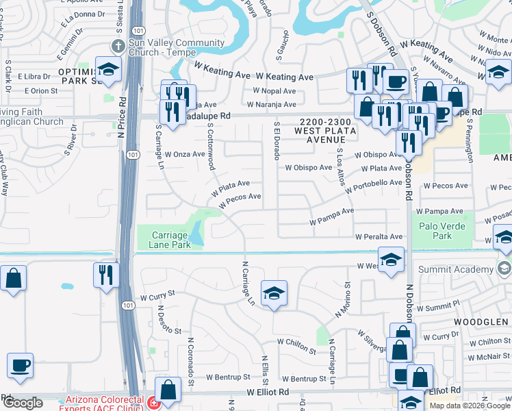 map of restaurants, bars, coffee shops, grocery stores, and more near 2430 West Pampa Circle in Mesa