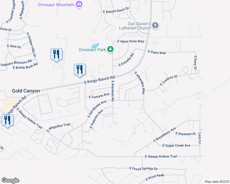 map of restaurants, bars, coffee shops, grocery stores, and more near 10018 East Del Monte Avenue in Gold Canyon