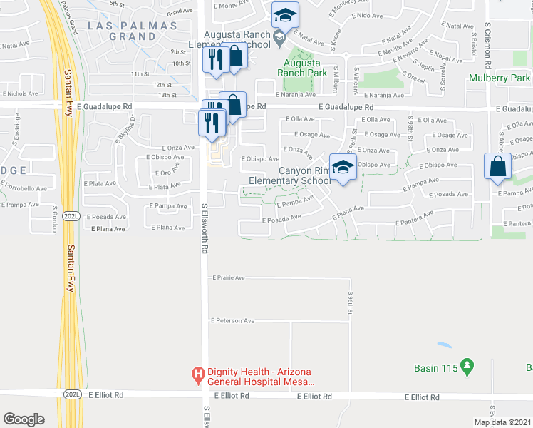 map of restaurants, bars, coffee shops, grocery stores, and more near 3121 South Morena in Mesa
