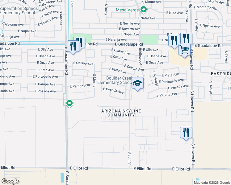map of restaurants, bars, coffee shops, grocery stores, and more near 3132 South Vista Del Sol in Mesa