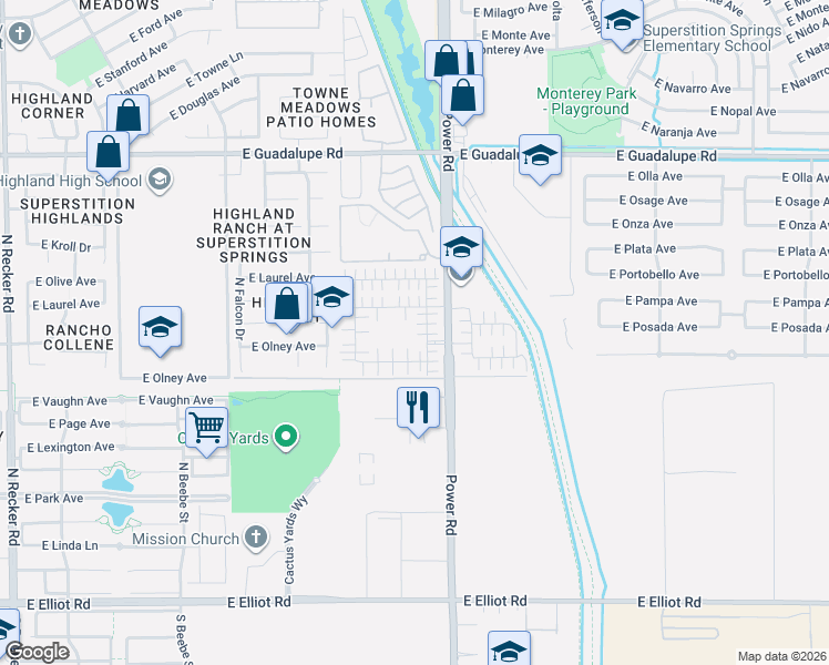 map of restaurants, bars, coffee shops, grocery stores, and more near 4750 East Olney Avenue in Gilbert