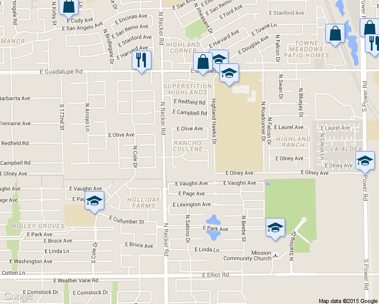 map of restaurants, bars, coffee shops, grocery stores, and more near 4114-4130 East Campbell Avenue in Gilbert