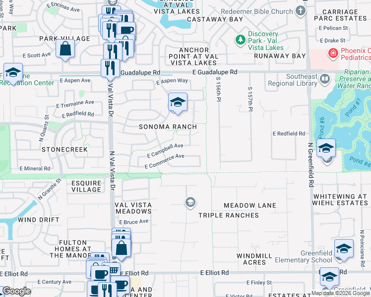 map of restaurants, bars, coffee shops, grocery stores, and more near 1841 East Commerce Avenue in Gilbert