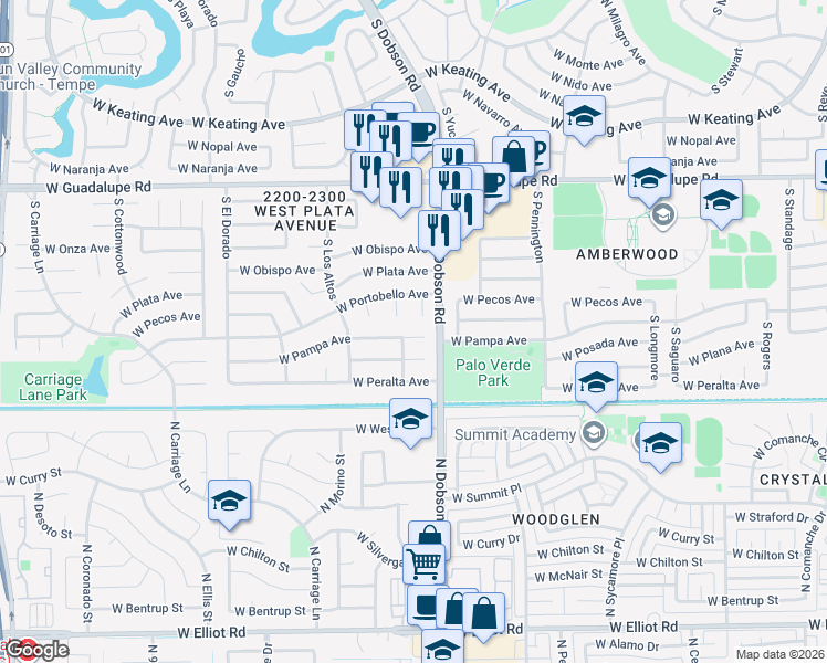 map of restaurants, bars, coffee shops, grocery stores, and more near 2032 West Posada Circle in Mesa