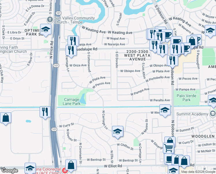 map of restaurants, bars, coffee shops, grocery stores, and more near 2430 West Pampa Circle in Mesa